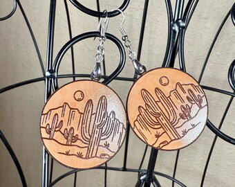 Leather Round Dessert Cactus Earrings