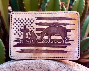 Handmade Leather Cowboy & Cross Card Wallet - Western Patriotic Design