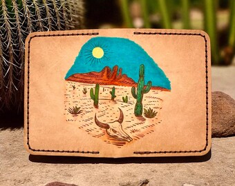Handmade Leather Desert Landscape Wallet: Southwest Cow Skull Design