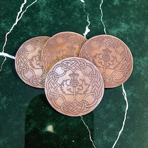 Scottish Celtic Knot and Thistle Leather Coaster Set