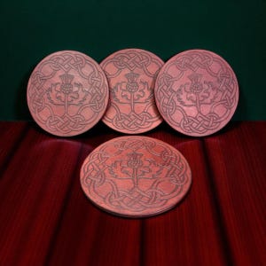 Scottish Celtic Knot and Thistle Leather Coaster Set
