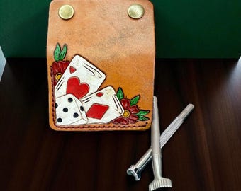 Hand Tooled Leather Card Wallet: Western Poker Flower Design