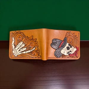 Hand Tooled Leather Skull Wallet: Cowboy Skeleton Design