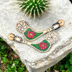 Red Floral Flower Tooled Leather Spur Straps Buckle