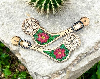 Red Floral Flower Tooled Leather Spur Straps Buckle