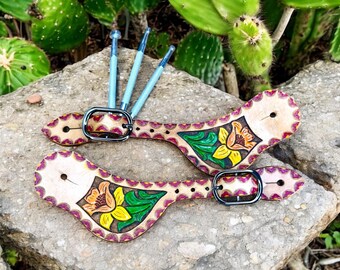 Yellow Orange  Floral Flower Daffodil Tooled Leather Spur Straps Buckle