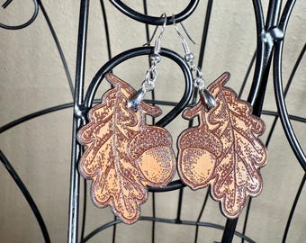 Leather Oak Leaf and Acorn Earrings