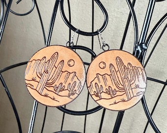 Leather Round Dessert Cactus Earrings