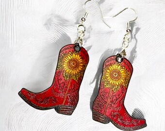 Red Leather Sunflower Cowboy  Boots Earrings