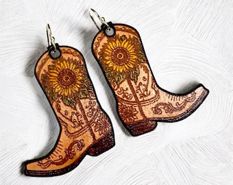 Leather Sunflower Cowboy  Boots Earrings
