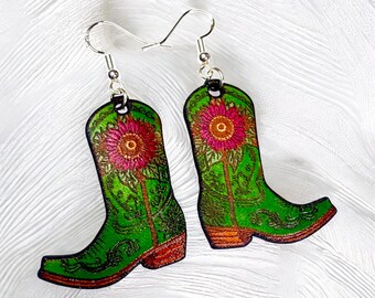 Green Leather Sunflower Cowboy  Boots Earrings