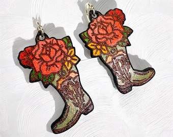 Leather Flowers Cowboy  Boots Earrings