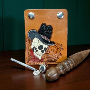 Hand Tooled Leather Card Wallet: Skull Cowboy Skeleton Design