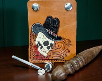 Hand Tooled Leather Card Wallet: Skull Cowboy Skeleton Design