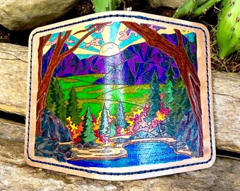 Handmade Leather Forest Mountain Landscape Wallet: Western Style