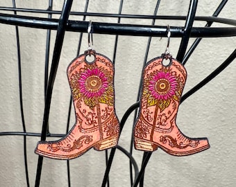 Leather Pink Sunflower Cowboy  Boots Earrings