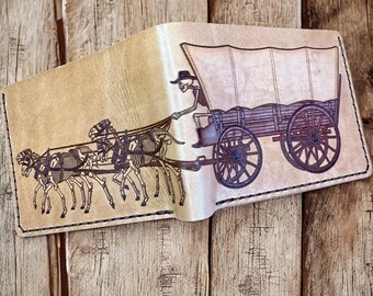 Hand Tooled Leather Wallet: Cowboy Skeleton Design Wagon Team
