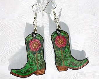 Mint Green Leather Sunflower Cowboy  Boots Earrings