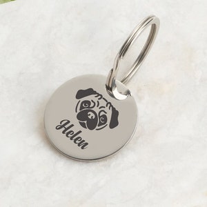 Custom Dog Name Tag, Personalized Dog ID Tag, Double Sided Engraved Dog Tag, Circle Metal Tag, Dog Portrait Tag, Puppy Tag, C50