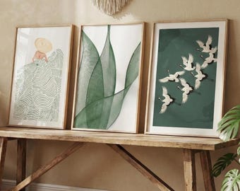 Salbei Grün Japandi Botanische Kunst Druckt, Zen Boho Wohnzimmer Wand Dekor
