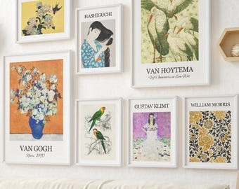 Eclectic Famous Art Print Set, Van Gogh Klimt Morris Gallery Wall (Unframed)