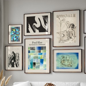 Framed Gallery Wall Art Set: Klee & Munch Inspired, Abstract Blue Prints
