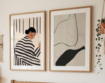 Framed Abstract Woman Wall Art Set, Boho Black White Prints, Bedroom Decor Ready Hang