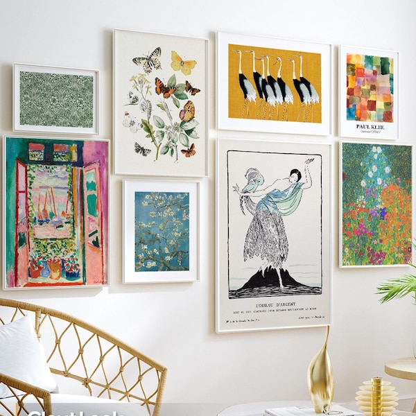 Eklektisches Galerie-Wandbild-Set, gerahmt, maximalistische Wandkunst, farbenfrohe Wanddekoration fürs Wohnzimmer, Geschenk zum Einzug, Präsent zur Wohnungsübergabe