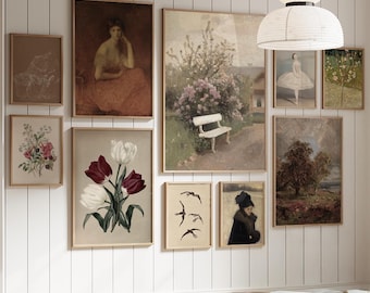 Ingelijste fotowandset, vintage wanddecoratie, antieke olieverfschilderijen, Engelse cottage-stijl, romantische botanische fotowand