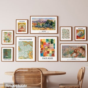 Gallery Wall Framed Set of 9 Exhibition Prints Maximalist  Wall Art Bundle Van Gogh, William Morris, Renoir, Matisse, Klimt, Paul Klee