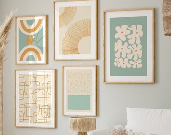 Abstract Gallery Wall Art Set: Boho Modern Framed Prints, Blue & Orange