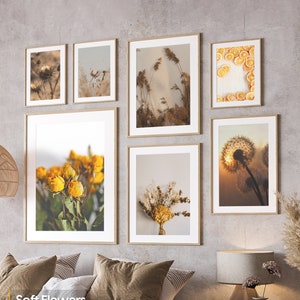Yellow Floral Gallery Wall Set, Boho Botanical Art Prints, Wood Framed Home Decor