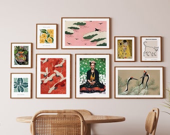 Eclectic Framed Wall Art Set of 9, Colorful Japandi Art Prints, Gallery Bundle Ready to Hang