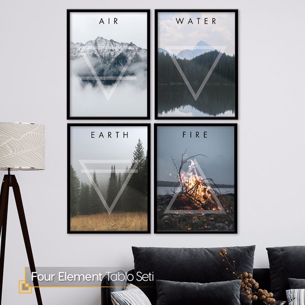 Printable Four Elements Wall Art, Nature Art Set of 4, Mountains Landscape Prints. Landscape Wall Art Gallery, Trees and Mountains JPEG