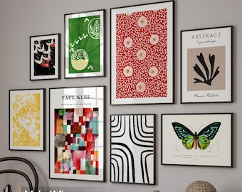 Klaar om op te hangen muurkunstset ingelijst, samengestelde galerijwandset, moderne kunstafdrukken met lijst, abstracte kunst geïnspireerd door Paul Klee & Matisse
