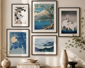 Gerahmtes Ukiyo-e-Wandbild-Set, blaue Japandi-Landschaften, fertig zum Aufhängen