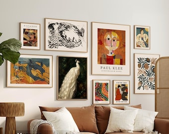 Juego de galería de pared naranja quemado con impresiones eclécticas de arte mural, listo para colgar, decoración de pared moderna y orgánica para sala de estar.