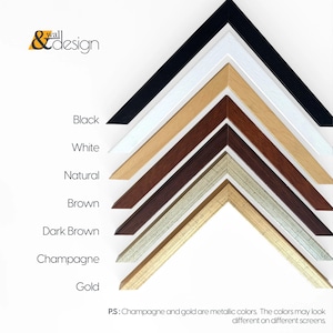 May include: A collection of six angled picture frame samples arranged in a stack, featuring black, white, natural wood, brown, dark brown, champagne, and gold finishes. The text &wall design appears at the top, with color labels and a disclaimer at the bottom.