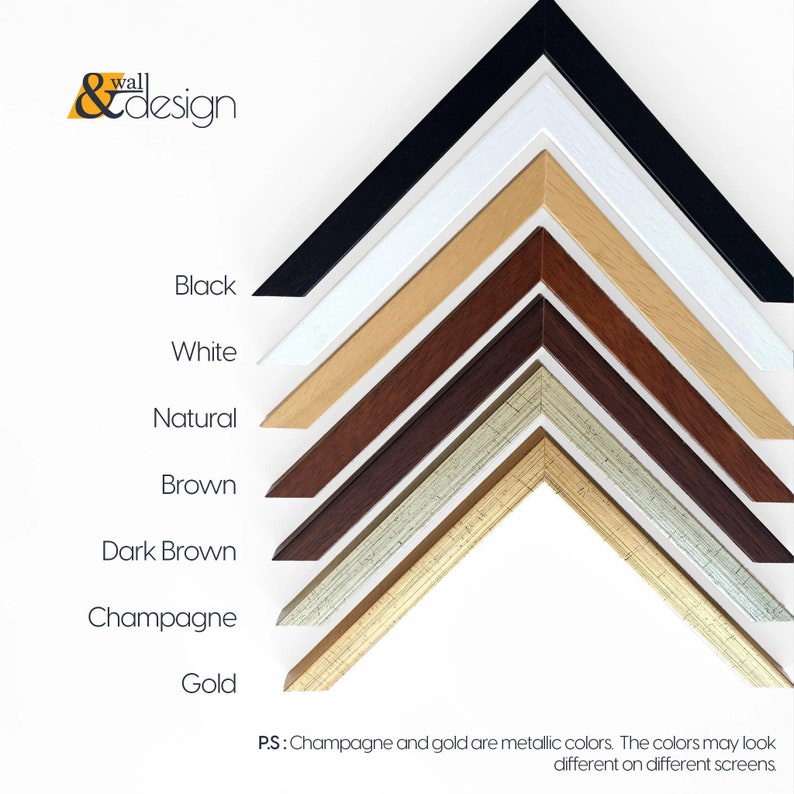 May include: A collection of six angled picture frame samples arranged in a stack, featuring black, white, natural wood, brown, dark brown, champagne, and gold finishes. The text &wall design appears at the top, with color labels and a disclaimer at the bottom.