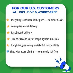 Op de afbeelding: Een witte informatieve afbeelding met afgeronde hoeken op een groene achtergrond. De tekst luidt: FOR OUR U.S. CUSTOMERS ALL INCLUSIVE & WORRY-FREE. Het bevat zes punten gemarkeerd met sterren en een diamant, en een blauw-wit megafoonicoon.