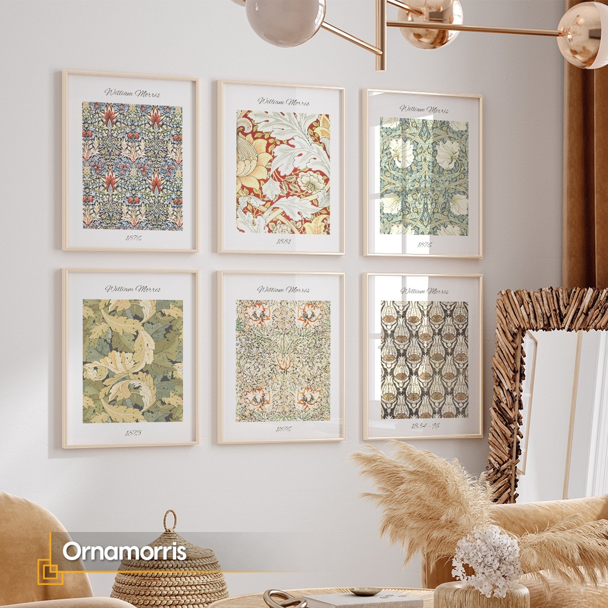 インテリア　アート William Morris Vintage Floral Art Print Set With Real Wood Frames