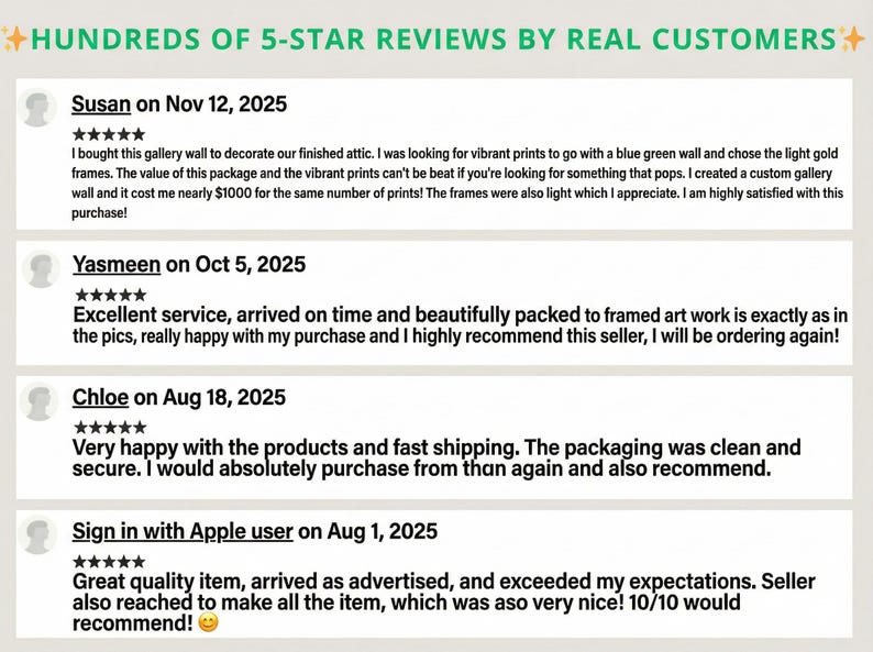 May include: A digital graphic displaying customer feedback with the heading HUNDREDS OF 5-STAR REVIEWS BY REAL CUSTOMERS. It lists four individual reviews from Susan, Yasmeen, Chloe, and Sign in with Apple user, each featuring five black stars.