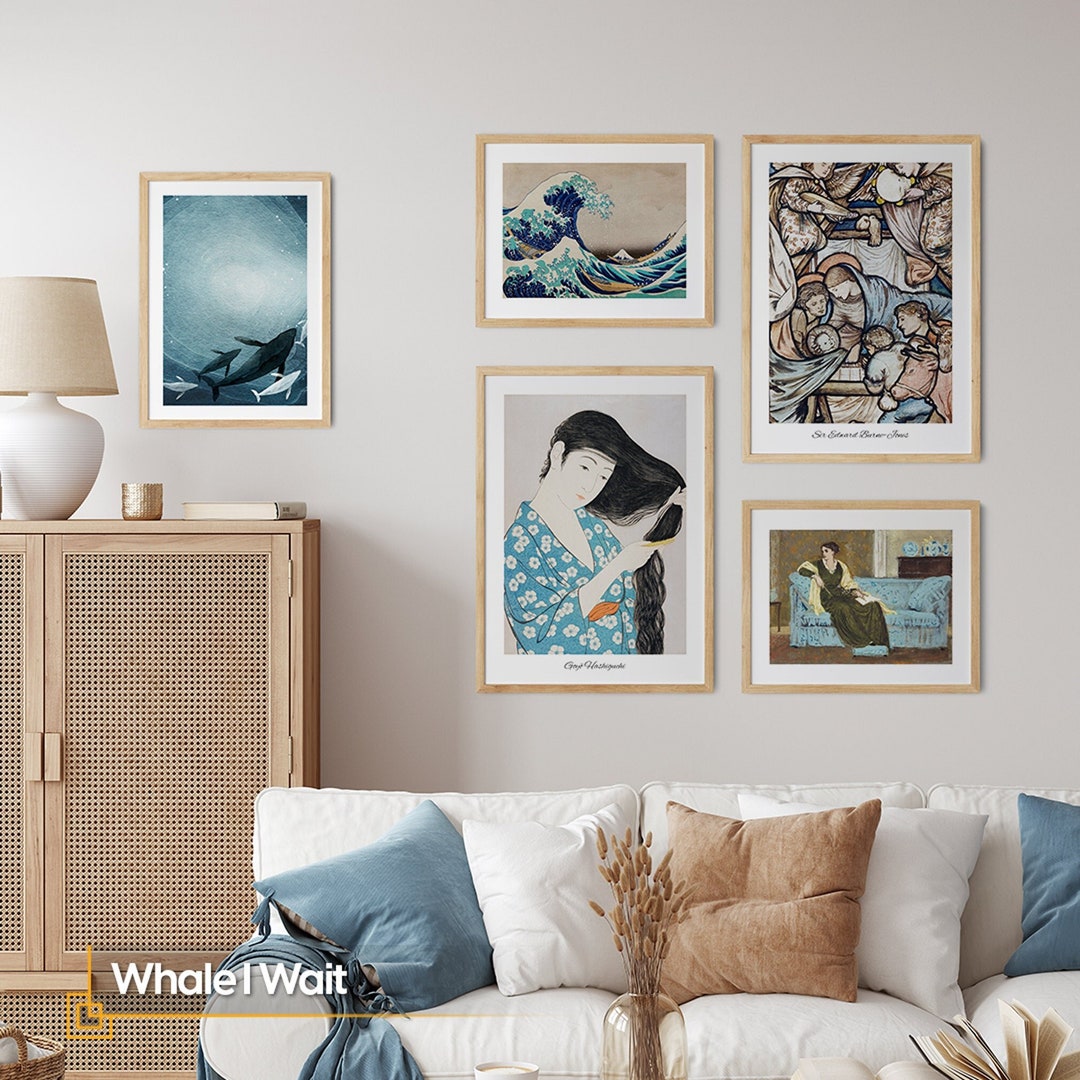 Blue FRAMED Wall Art Set, Japanese Abstract Art Prints, Framed Gallery