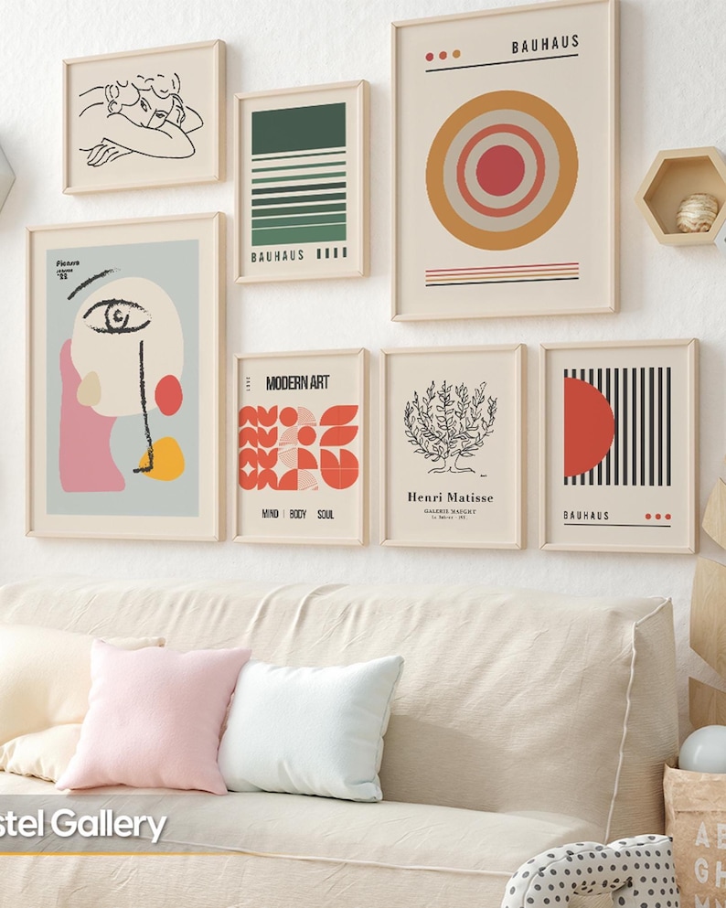 Bring bold creativity into your home with this Bauhaus framed wall art set, inspired by the modern abstract styles of Matisse and Picasso. Perfect as a striking gallery wall set or statement living room wall art, each piece arrives as art prints framed in real wood, ready to hang.