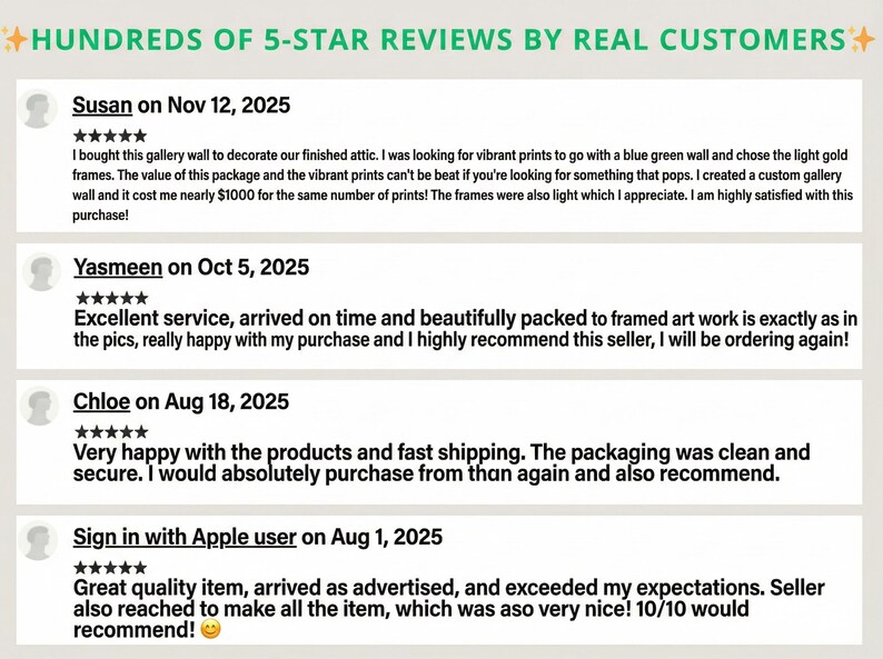 May include: A digital graphic displaying customer feedback with the heading HUNDREDS OF 5-STAR REVIEWS BY REAL CUSTOMERS. It lists four individual reviews from Susan, Yasmeen, Chloe, and Sign in with Apple user, each featuring five black stars.