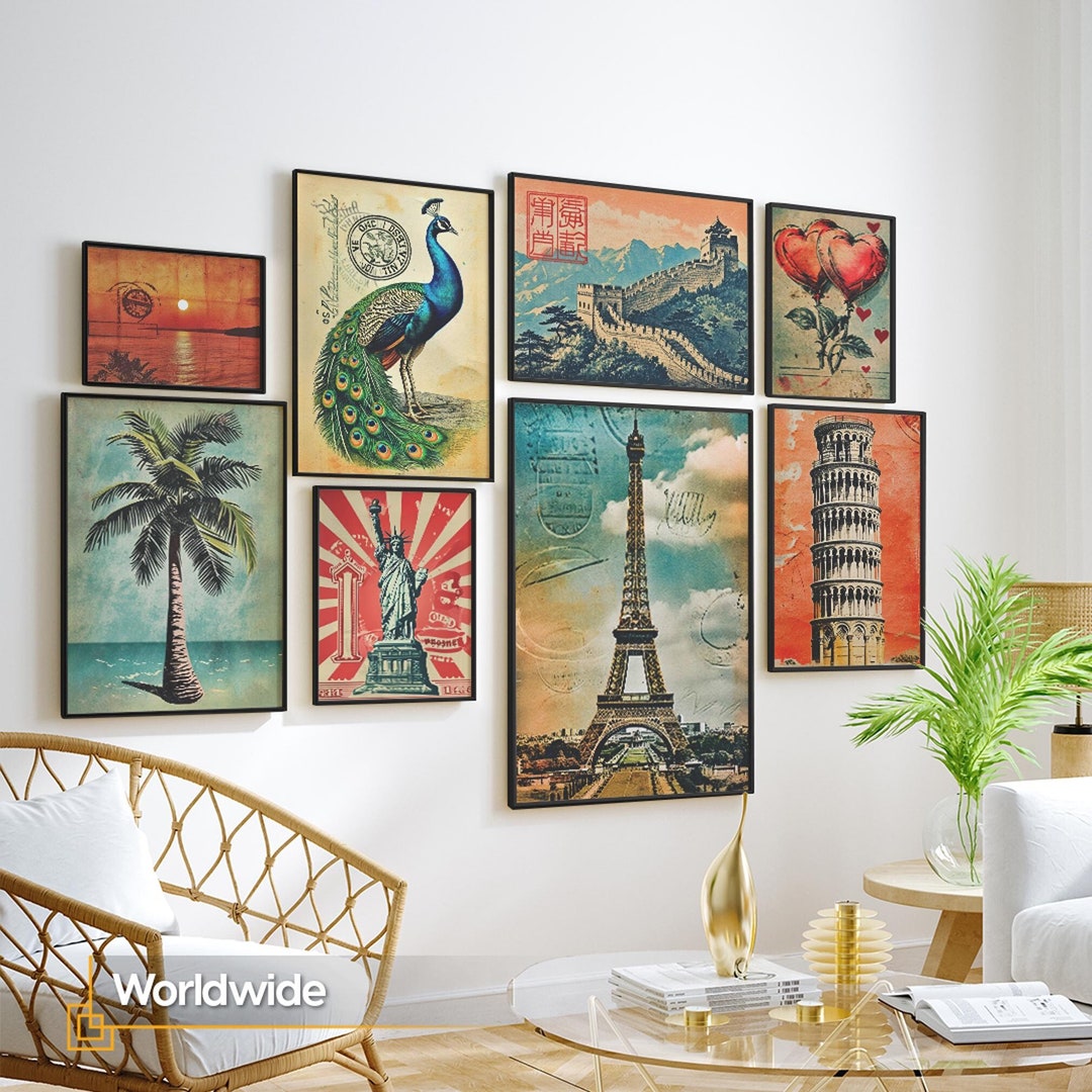 Vintage Travel Gallery Wall Art Set of 8, World Landmarks Framed Prints ...