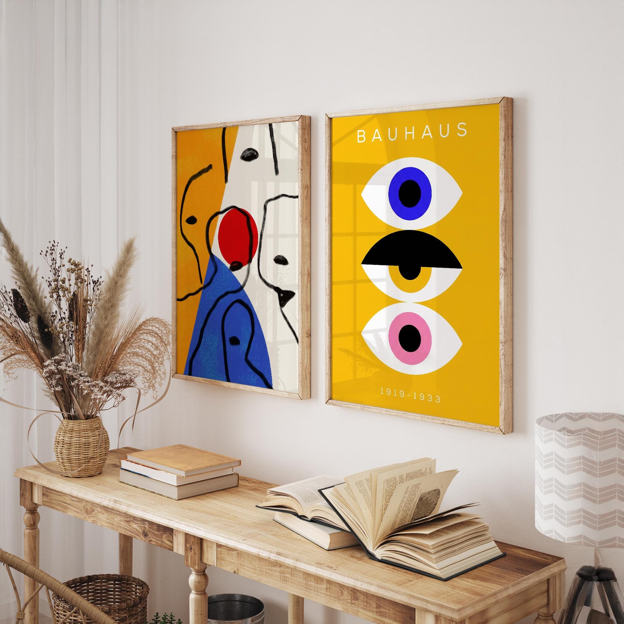 Bauhaus Framed Wall Art Set, Abstract Geometric Prints, Real Wood