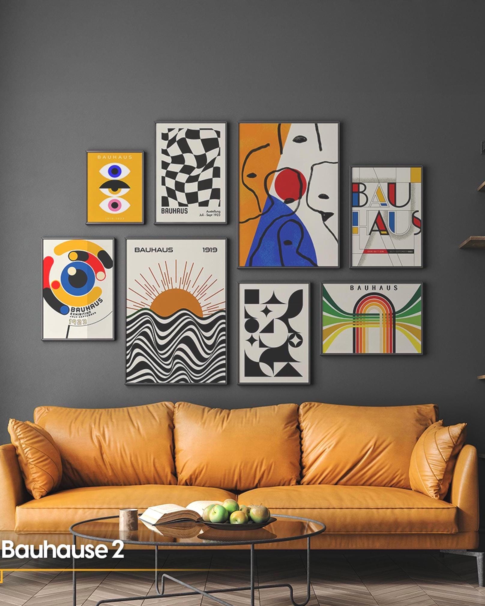 Bauhaus Framed Wall Art Set, Abstract Geometric Prints, Real Wood