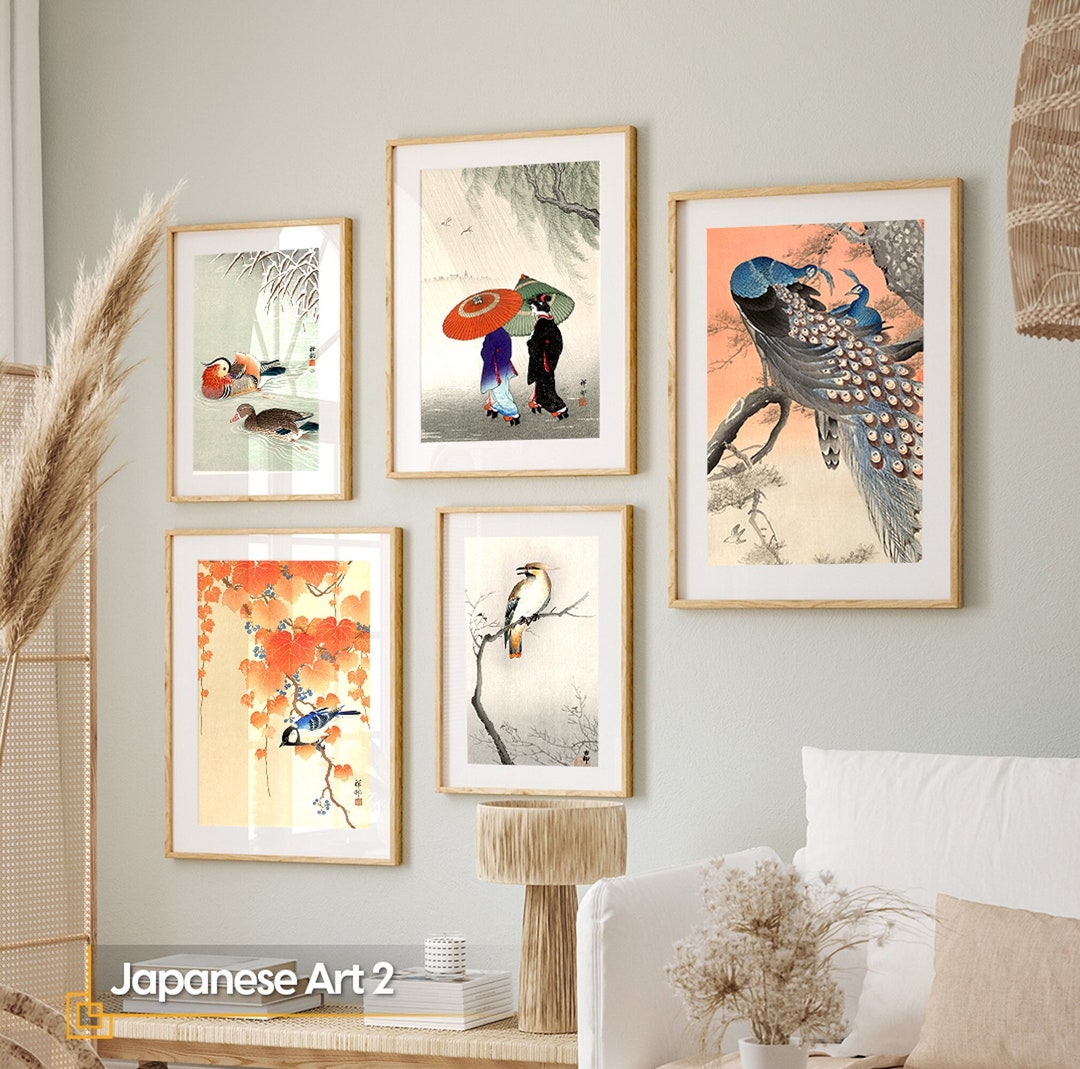 Vintage Japanese Art, FRAMED Gallery Wall Set, Peacock Wall Art Set of