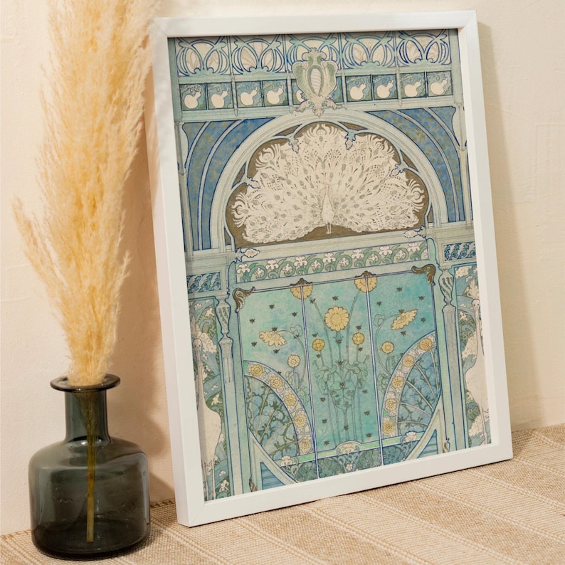 May include: A rectangular wall art print in a white frame featuring a detailed illustration of a white peacock with its tail fanned out, set against an architectural background with blue and green tones and yellow floral accents.